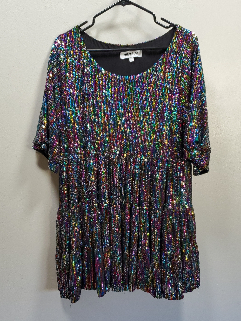 Amazing Lace Black RAINBOW Metallic Shimmer Sequin Dress LARGE Babydoll MINI
